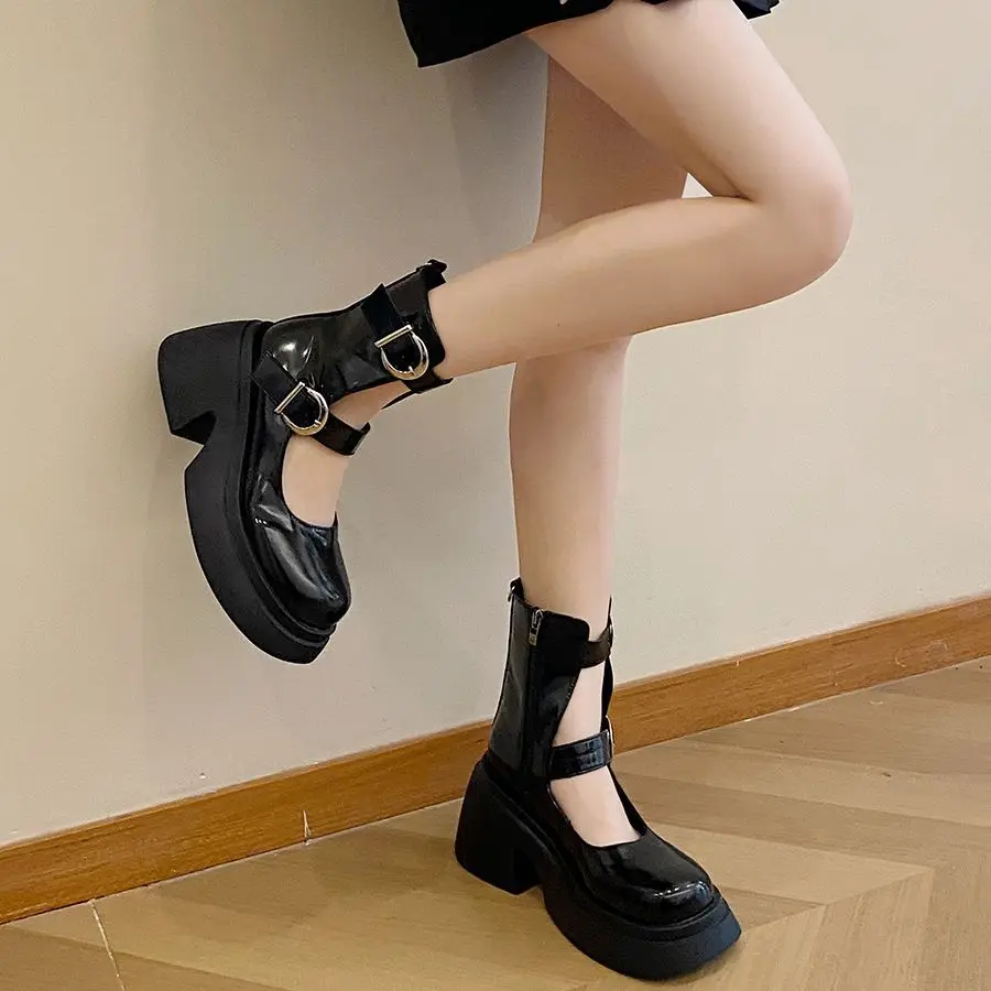 Lace Up Boots Summer Women\'s Shoes Boots-Women Round Toe Clogs Platform Lolita Black 2024 Rubber Ladies Rock Sandals Med Ankle S