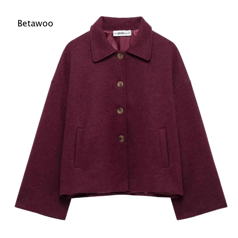 Ladies Solid Color Lapel Collar Short Outer Coat Long Sleeve Button Closure Relaxed Silhouette Casual Jacket With Pockets