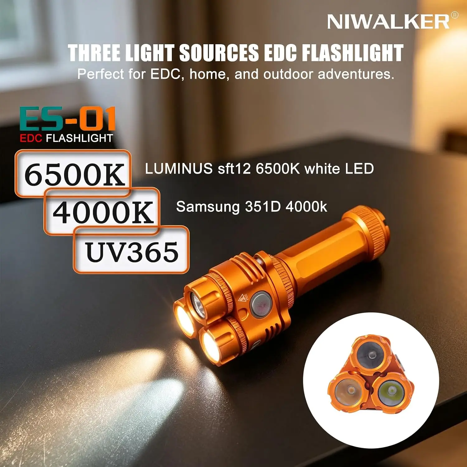 Niwalker ES01 Three Light Sources EDC Flashlight CW NW 365nm UV 850 Lumens Mini Pocket Torch Aluminum Design DEC for Camping