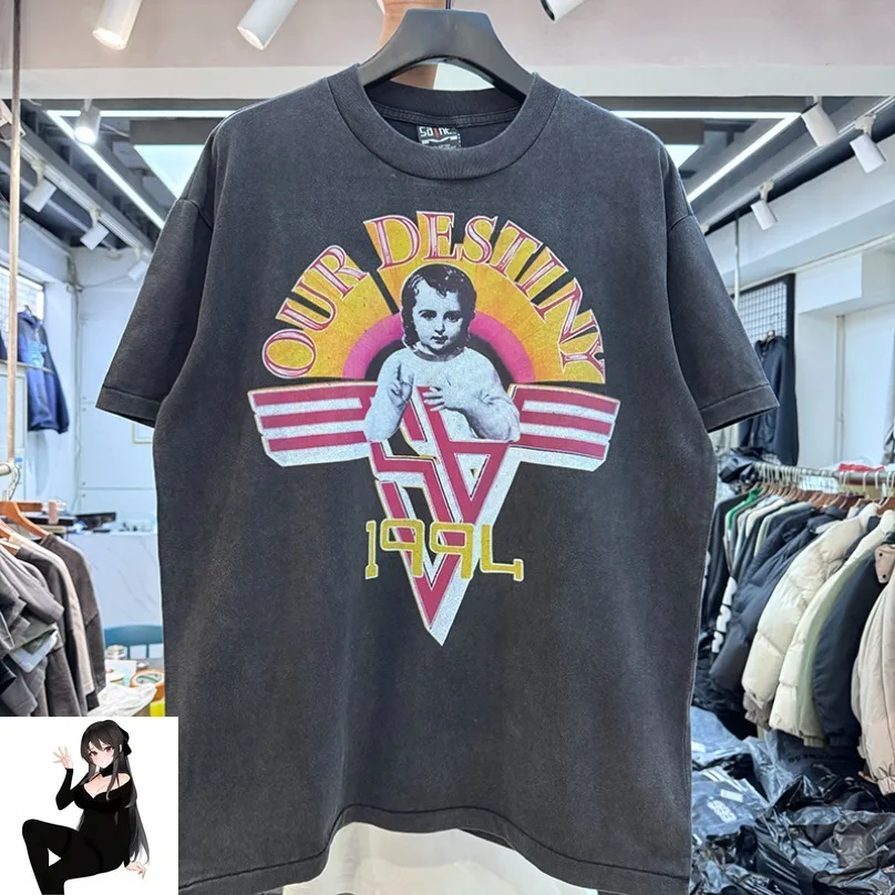 

Our Destiny SAINT Angle Print T-Shirt Vintage Washed Black Street Tee Men Women High Quality Cotton Oversize Short Sleeve Tops
