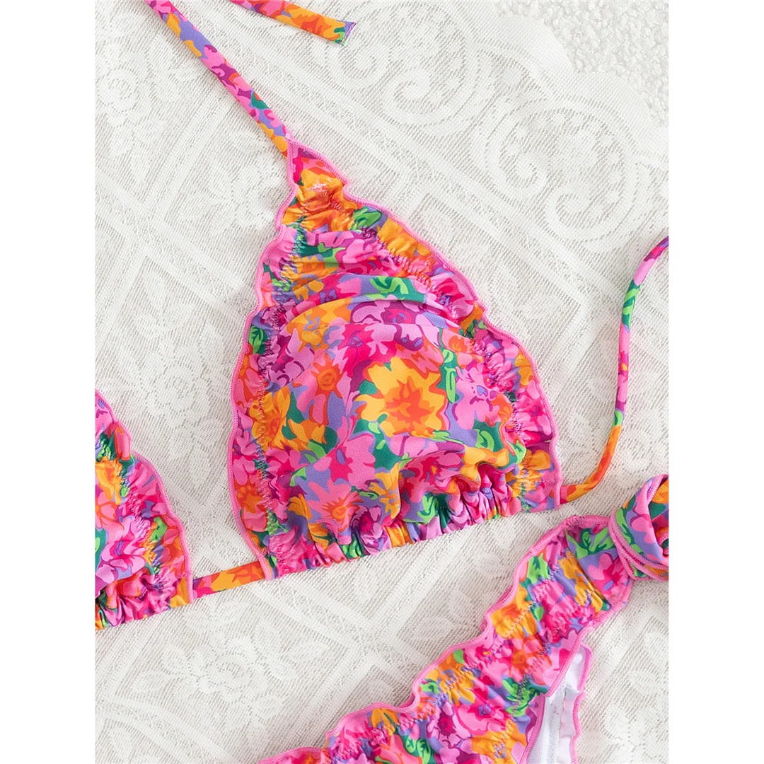 S - XL, Blumenmuster, Neckholder-Bikini, Damen-Badebekleidung, zweiteiliger Bikini, Badeanzug, Badebekleidung, Modell V8104. – Detail 8