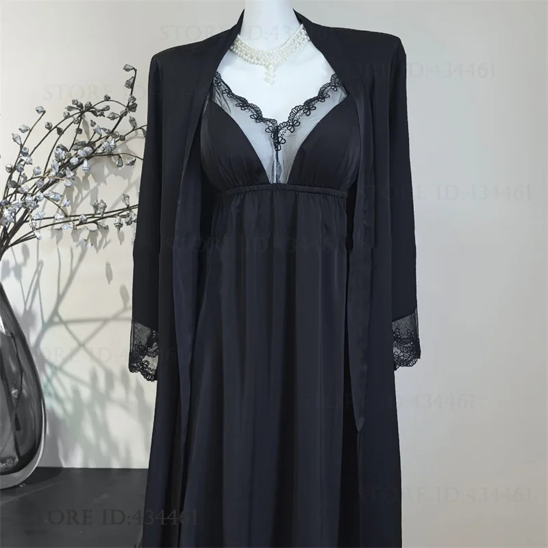 

Новый летний женский комплект: пеньюар и ночная сорочка, сексуальный кружевной комплект с вырезами, свободный шелковый атласный халат, комплект для сна