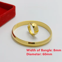 Gold Color Jewelry Sets for Women 8mm Smooth Round Bangle Bracelet & Ring 2pcs Set Trendy Accessories Party Gifts