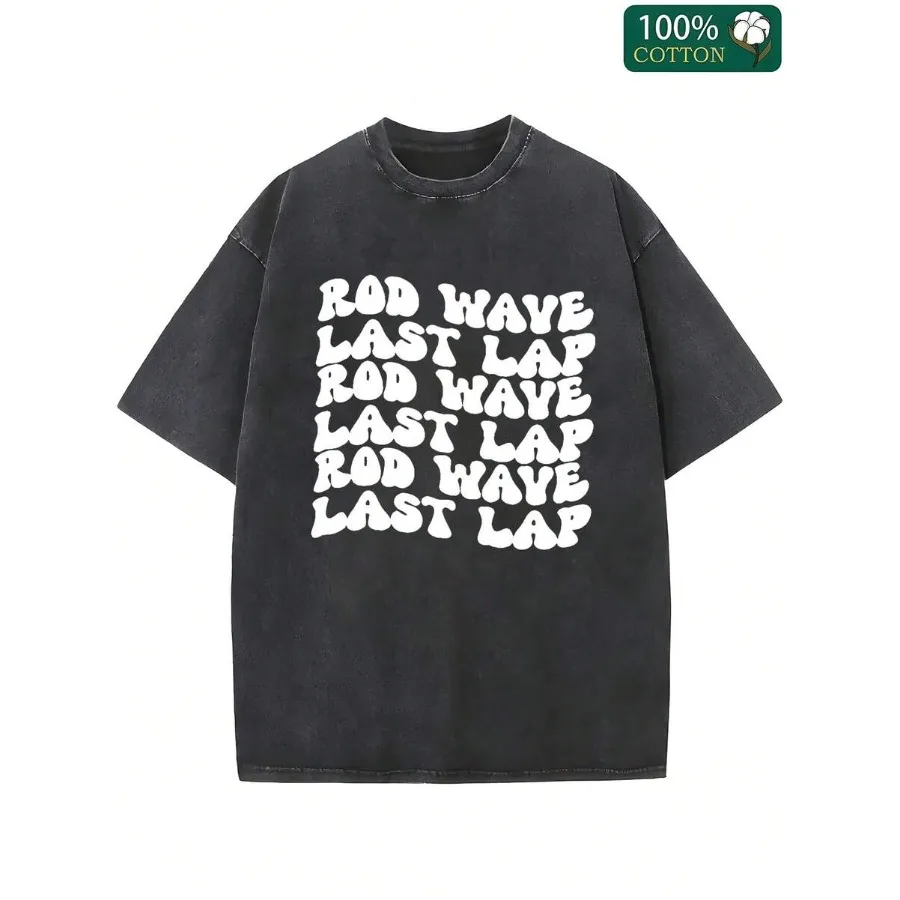 

【New Arrival】Rod Wave Last Lap Wavy Text Print Washed Black Oversized Casual Crew Neck T-Shirt
