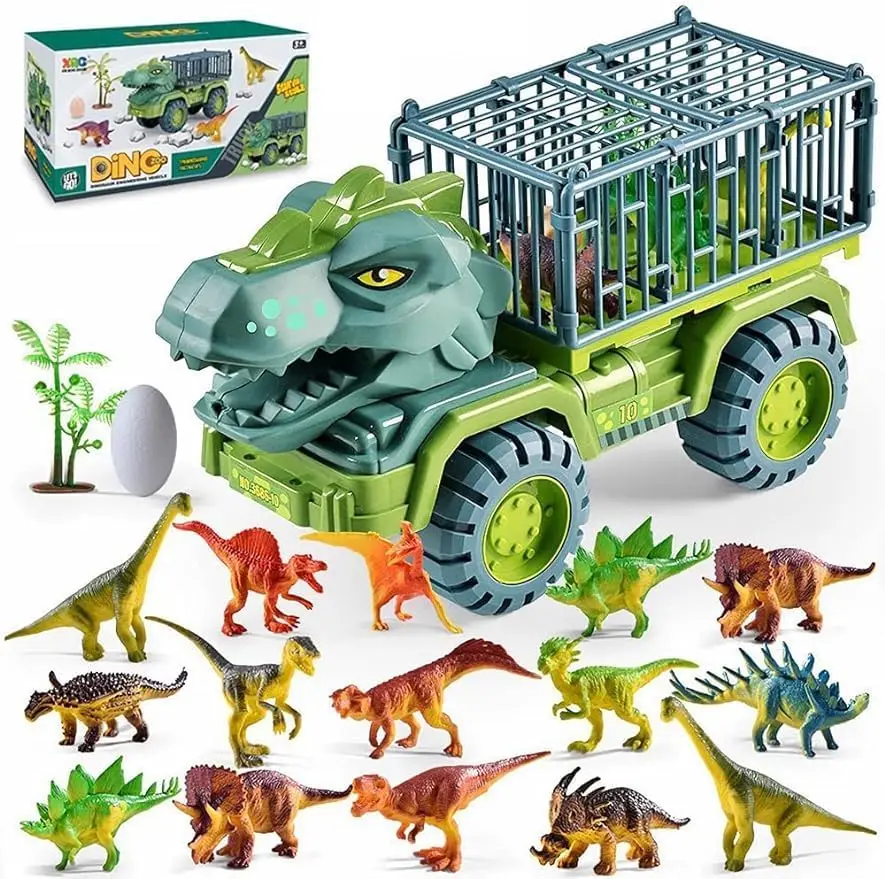 Dinosaur Truck Playset Dinosaur Toys for Kids, Tyrannosaurus Rex Car with 15 Dinosaurs, 1 Dinosaur Egg and Road Decorations