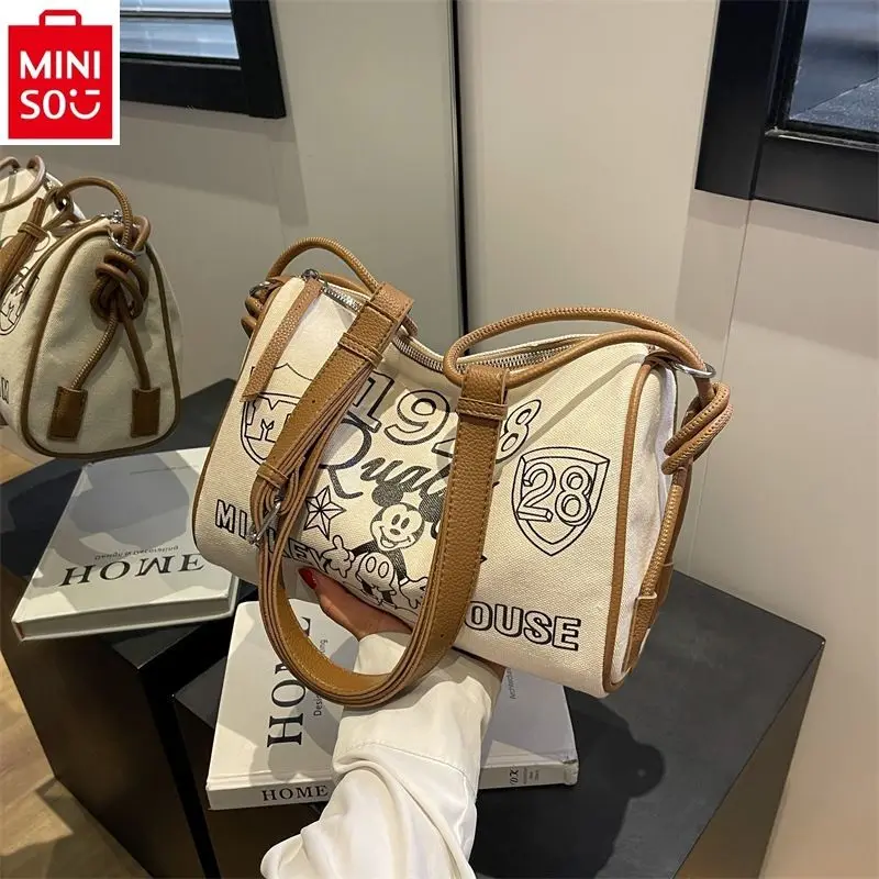 Bolsa feminina de lona MINISO, bolsa de travesseiro Mickey dos desenhos animados, bolsa tiracolo de um ombro, grande capacidade, novo, 2024