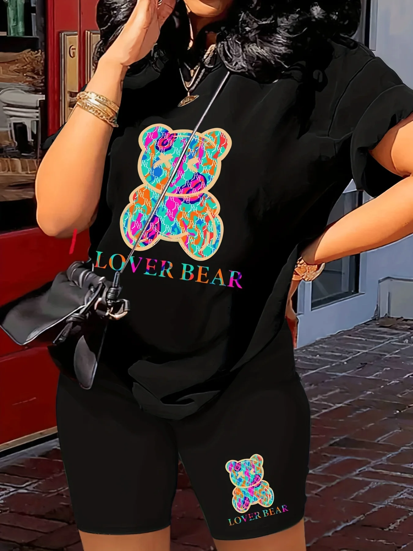 Lover Bear Print Two Piece Outfit Short Sleeve Crew Neck Comfortable Breathable Casual Fashion T-Shirt Outdoor Street Clothing