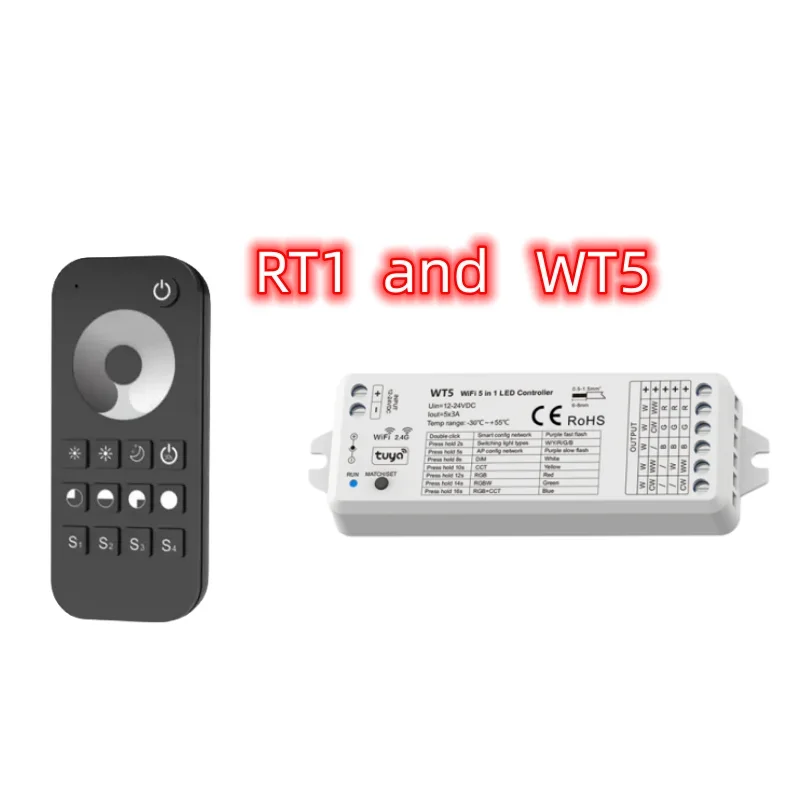 WT5 5 IN 1 Controller LED Tuya funziona con telecomando RF 2.4g RT1/RT2/RT4/RT5/R10 APP controllo vocale per RGB RGBW RGB + CCT Led Strip Lamp