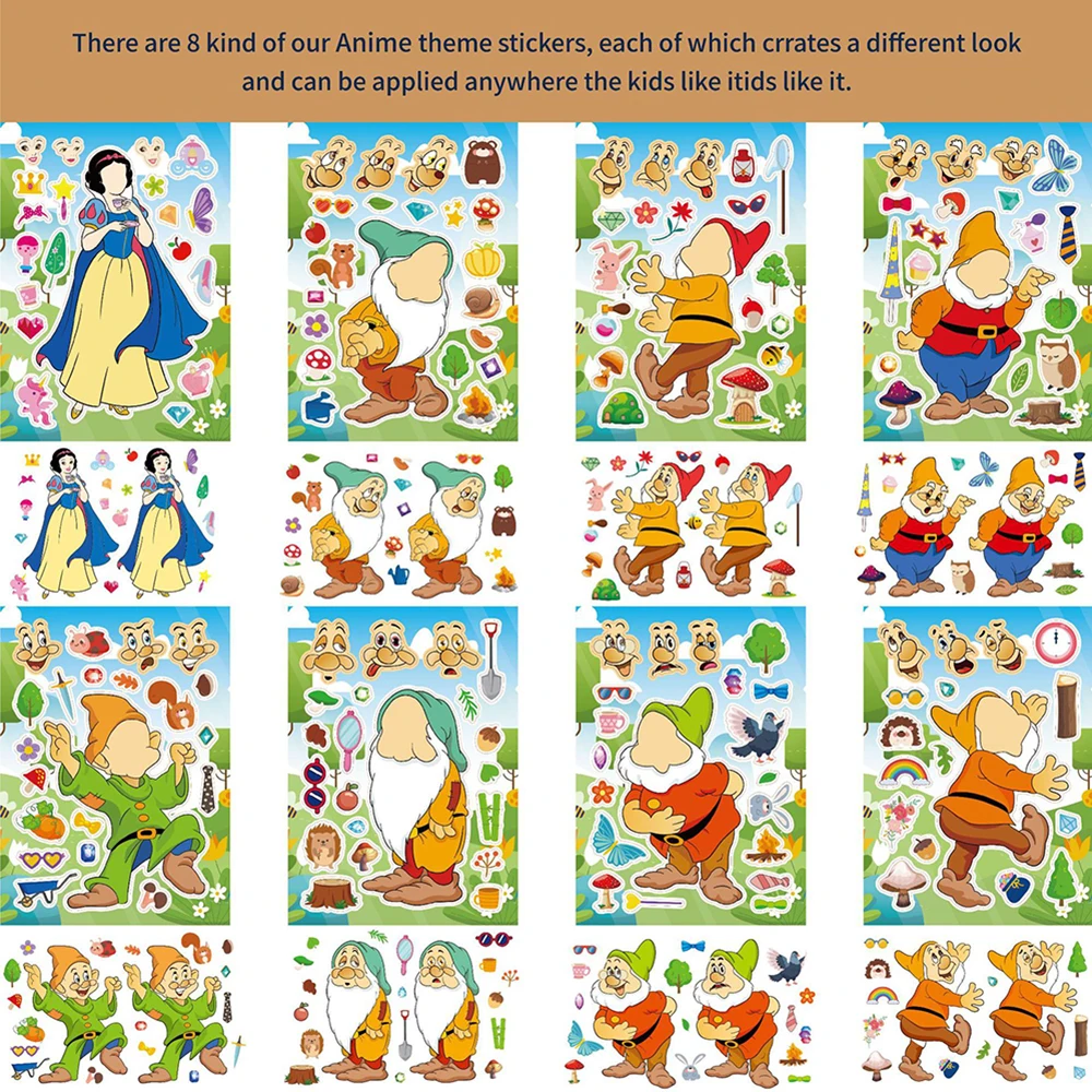 8/16Sheets Kids Make a Face Puzzle Stickers Snow White and the Seven Dwarfs DIY Assemble Jigsaw Children Education Toys Gifts