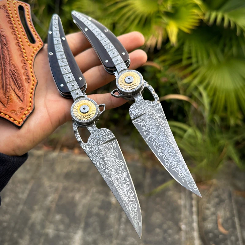 Imported forged Damascus steel folding knife Hand forged sharp pocket knife Outdoor camping hiking fishing portable EDC tools