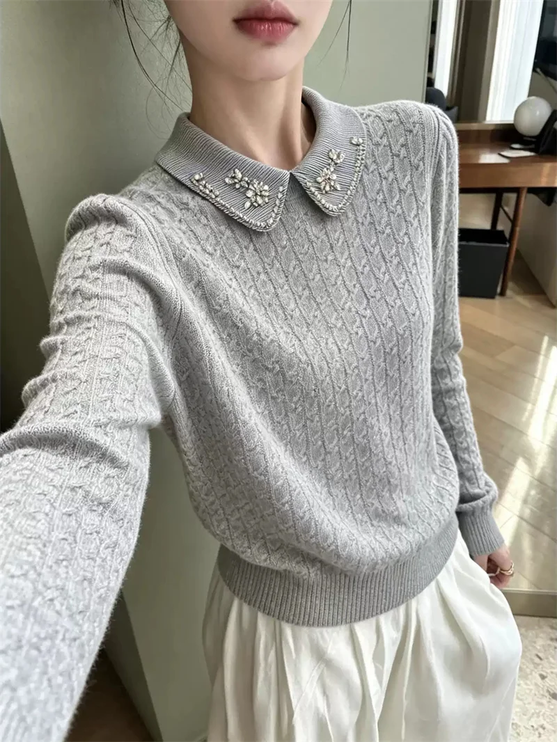 Women Long Sleeve Grey Sweater Removable  Diamond Decorative Collar Ladies Loose Twisted Knit Pullover Autumn Winter