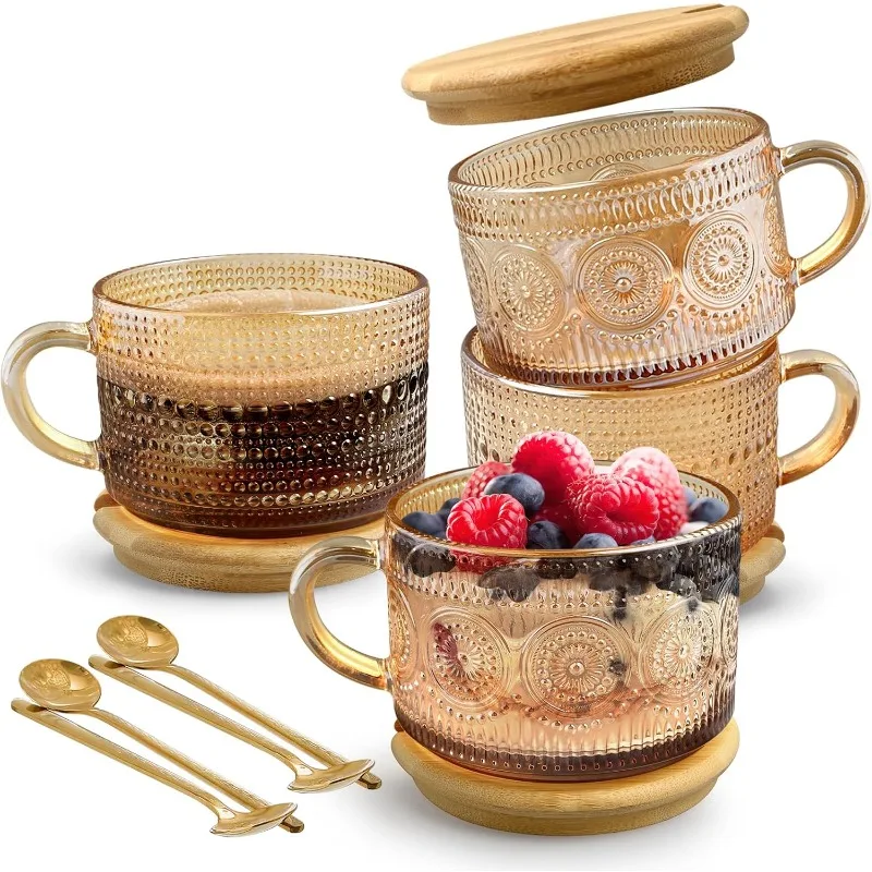 Vintage Glass Coffee Cup Set 4 Amber Pressed Flower Tea Cups Latte Cereal Yogurt Beverages