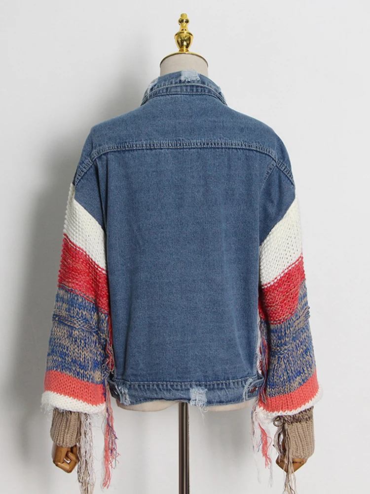 CHICEVER Colorblock Patchwork Knitted Tassel Jacket For Women Lapel Long Sleeve Casual Streetwear Denim Coats Female Fashion New - Image 4