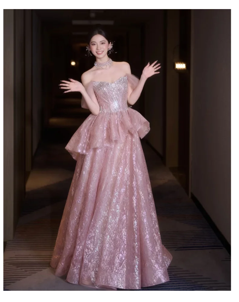 Glänzendes rosa Abendkleid, schulterfrei, hohe Taille, Ballkleider, Schichten, Tüll, Partykleider