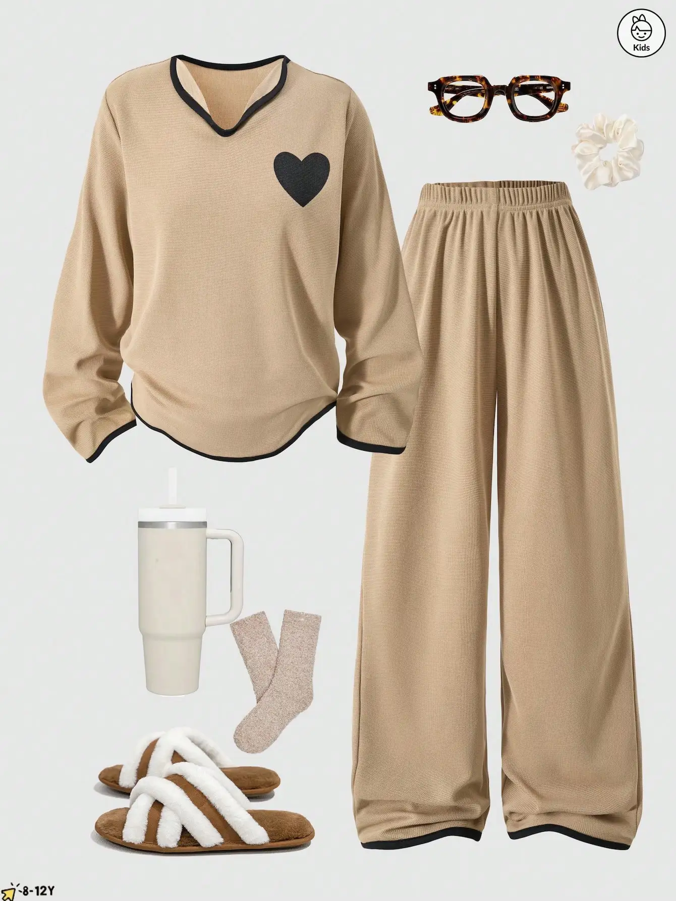 Girls' Fashion Home Clothing Set Spring and Autumn Style Girls' Outdoor Leisure Heart Pattern Small V-neck Long Sleeve Pants