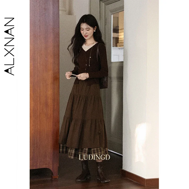 ALXNAN Brown Plaid Patchwork Skirt Autumn Long A-line Cake Women's Skirts Fashion Vintage Elastic Waist Bow Slit Clothing L57227