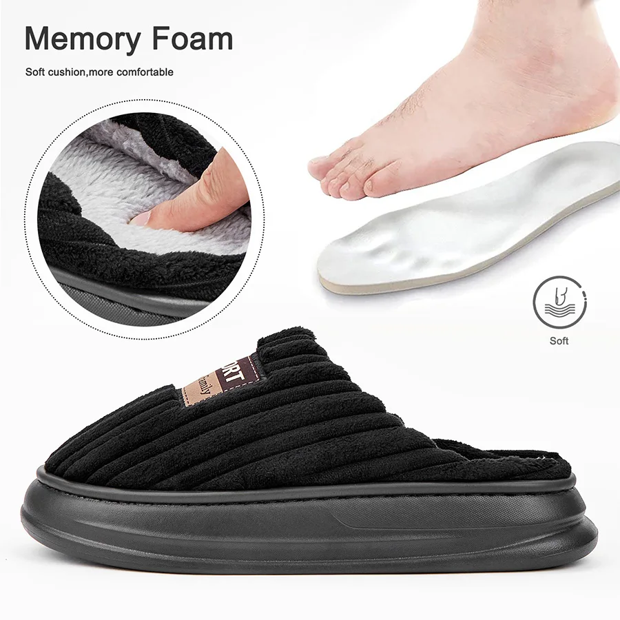 Winter Men's Striped Suede Slippers EVA Sole Platform Anti-Slip Memory Foam Cushion Soft and Warm Indoor Home Shoes