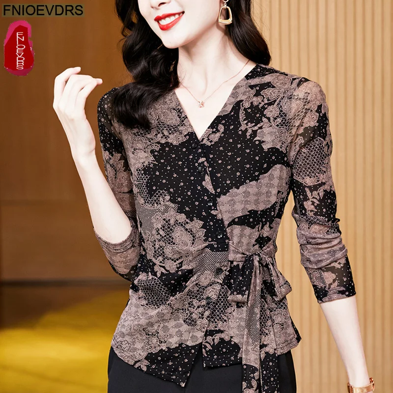 السنة الجديدة عيد الميلاد بقماش شفاف ربطة القوس فيونكة القمم البلوزات الدانتيل متابعة الأزهار طباعة ريترو خمر قمة أنيقة مكتب سيدة أساسيات القمصان #4