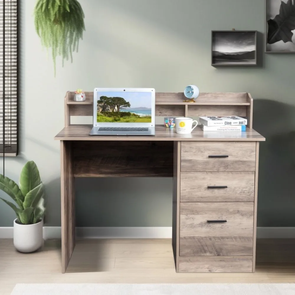 

Computer Desk PC Laptop Table Writing Workstation Home Office Desk with 3 Drawer with Long Monitor Stand & Printer Shelf,