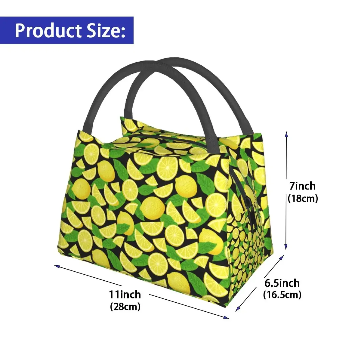 Yellow Lemon Print Lunch Bag Green Leaf Leisure Lunch Box Outdoor Picnic Cooler Bag Waterproof Graphic Design Tote Food Bags