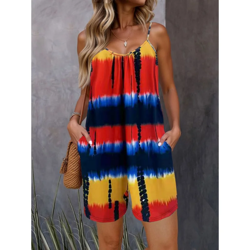 

Женский комбинезон больших размеров в европейском и американском стиле с принтом тай-дай на свободных бретелях