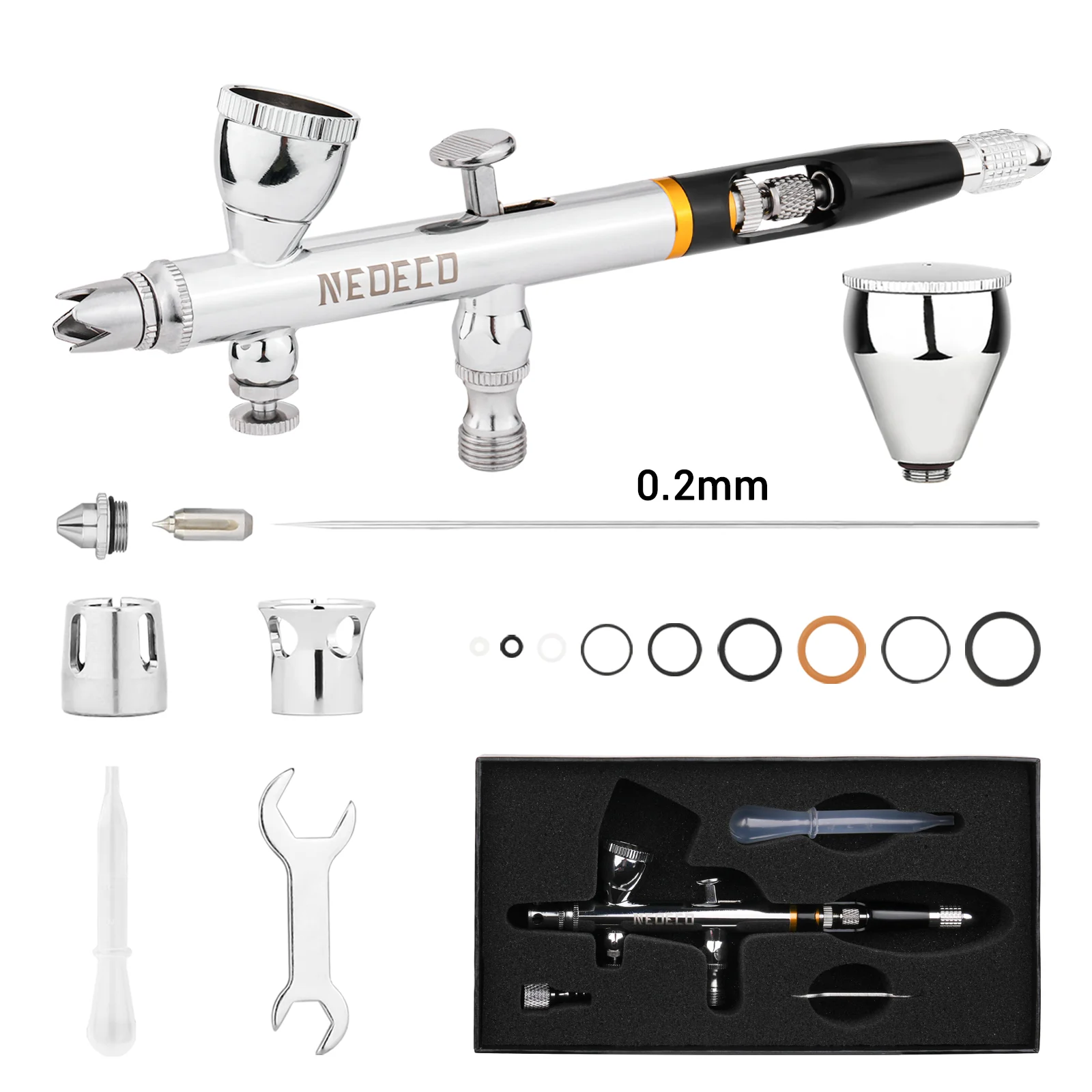 NEOECO 0,2 mm Dual Action-Airbrush mit Schwerkraftzufuhr und 2 cc 9 cc Flüssigkeitsbecher nach innen, Kronennadelkappe, O-Ring-Dichtungssatz, Drop-In-Düse – Detail 4