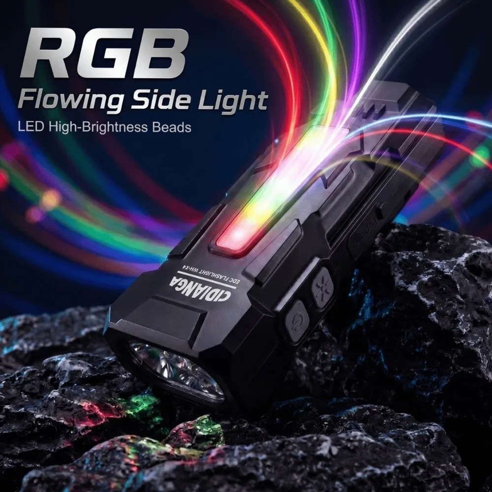 New Flowing Side Light EDC Flashlight Magnetic Base Warning Light UV Flashlight USB Rechargeable RGB Flashlight Inspection Use