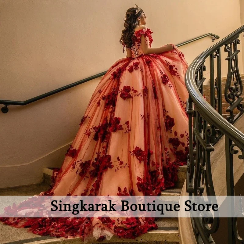 

Real Photos Customized Champgne Ball Gown Quinceanera Dress Red 3D Floral Lace Applique Beaded Corset Sweet 16 Vestidos De Anos
