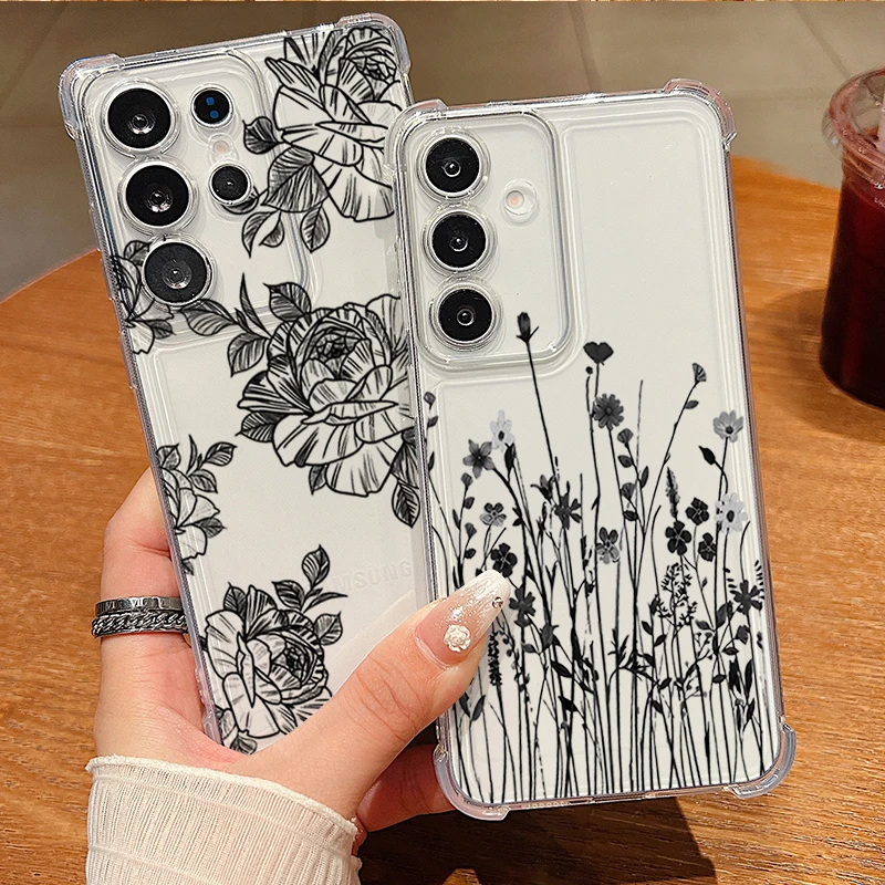 Flower Pattern Phone Case For Samsung Galaxy S26 S25 S24 S23 Ultra S22 S26 Plus S21 S24 S25 FE Transparent Shockproof Soft Cover