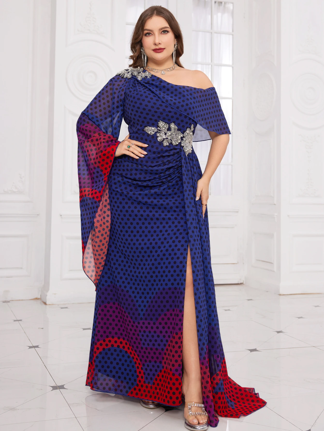 UNITHORSE عشوائي CutElegant مطرز مزين الرقمية البولكا نقطة المائية طباعة تنورة كبيرة ألف خط فستان سهرة شيفون #1