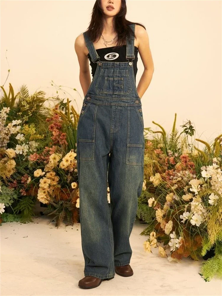 Frauen weites Bein Mädchen Hosenträger Overalls Hosen lässig blau Overalls Mode weibliche Streetwear Stram pler gerade Jeans hose