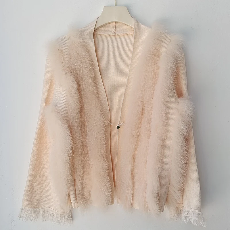 Women Autumn Luxury Fox Fur Stripe Cardigan Feminino Elegant Knitwear Cardigans Sweater Long Sleeve Winter Open Stitch Female