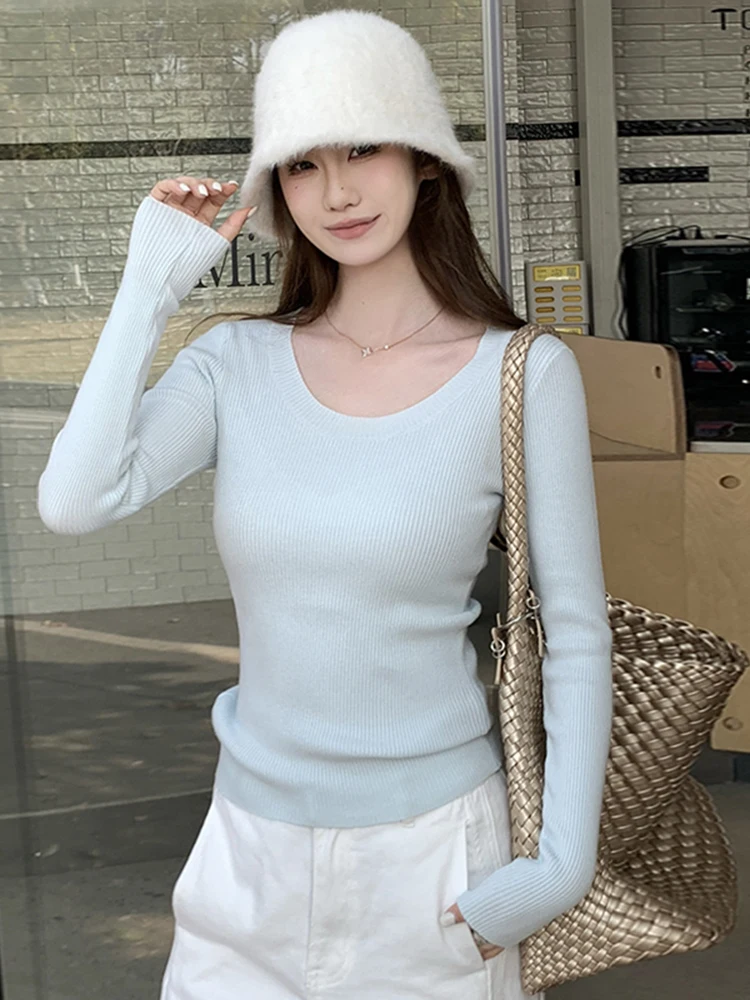 

Slim Fit Long Sve U-Ne Knitted T-irt Women's Spring Faion Early Spring New Sle Base Layer irt Top
