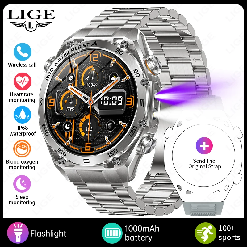

LIGE Military Smartwatch With 1000mAh Battery Sports Heart Rate Monitor Outdoor UV Flashlight Waterproof Bluetooth Call Watches