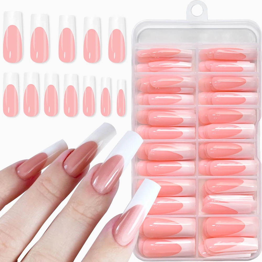 

120/240pcs Soft Pink Long Coffin White French Fake Nails Minimalist Style French Tip Fake Nails Square Press on Nails Extensions