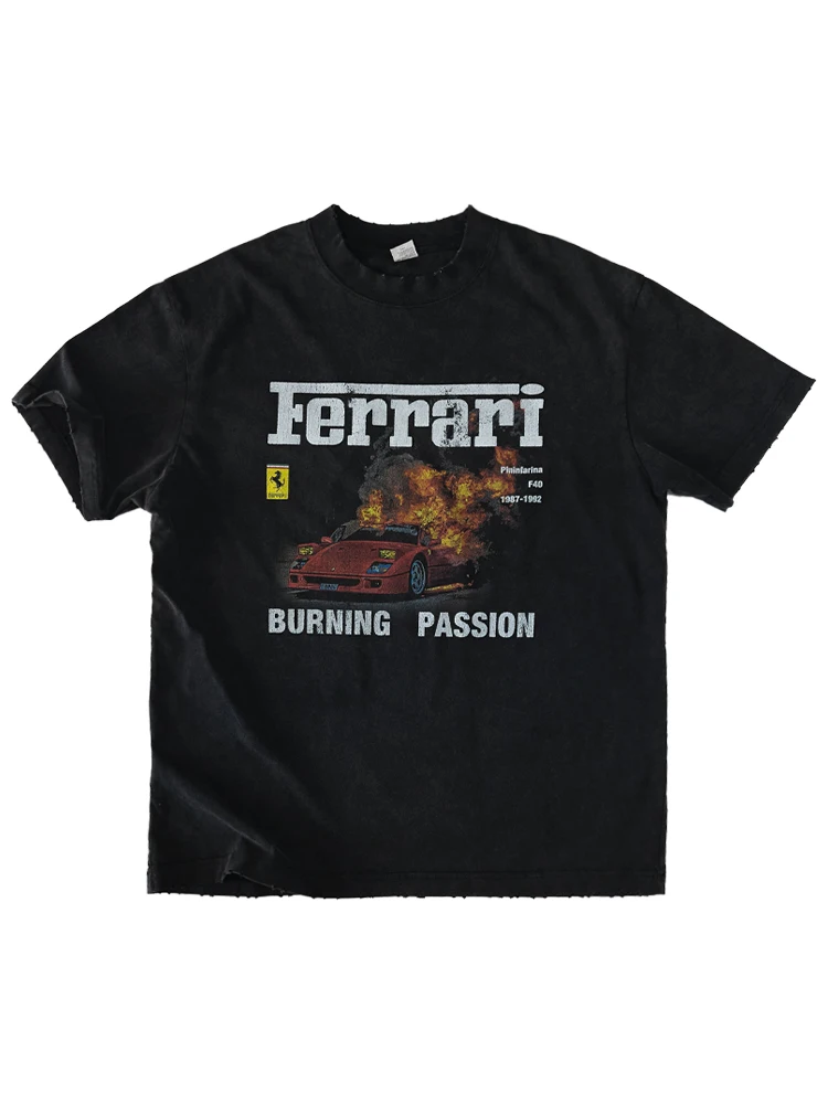 

F40 Flame Burning Sports Car Print Black American Crew Neck Short-sleeved T-shirt Loose Summer Men's Heavy T-shirt