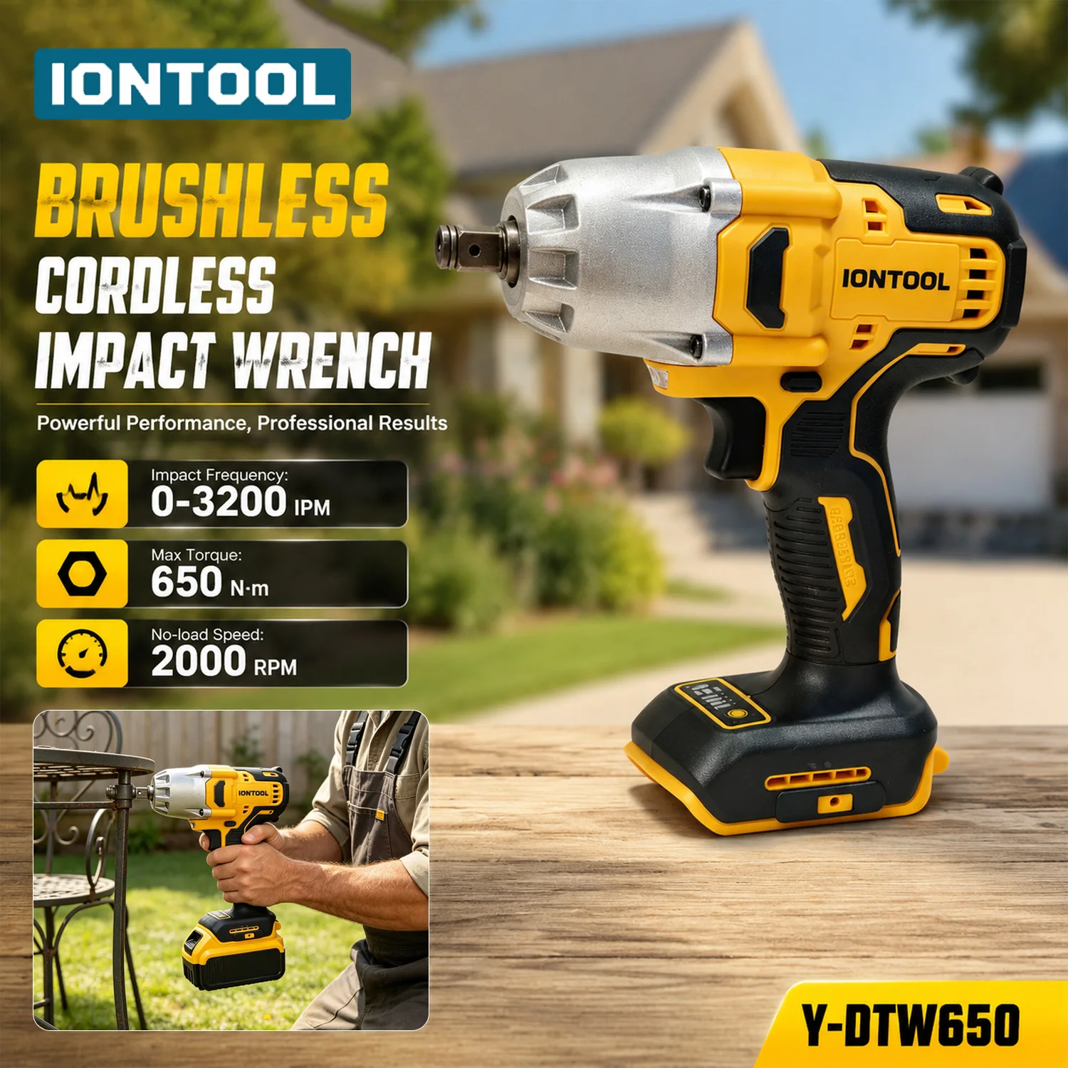 IONTOOL Brushless Impact Wrench 1/2 Inch 2000RPM 3200IPM for Wheel Nut Loosening Tightening No Battery