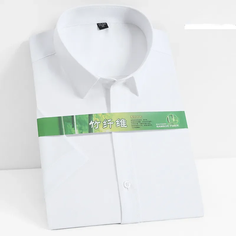 

2025 Bamboo Fiber Summer Solid Short Sleeve Causal Business Office Slim Fit Dress Shirts Plus Size