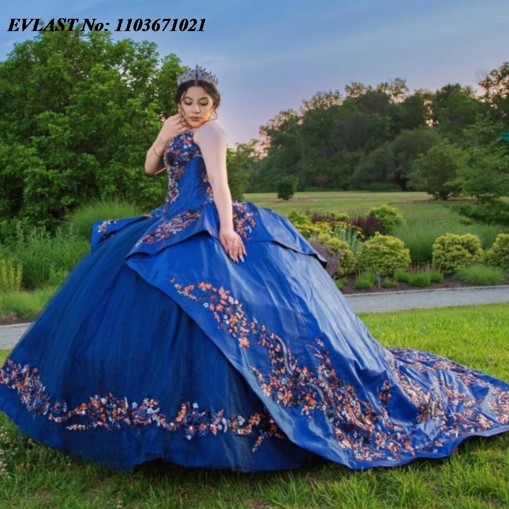 

EVLAST Customized Royal Blue Quinceanera Dress Ball Gown Lace Applique Beaded Tiered Corset Sweet 16 Vestidos De 15 Anos SQ510