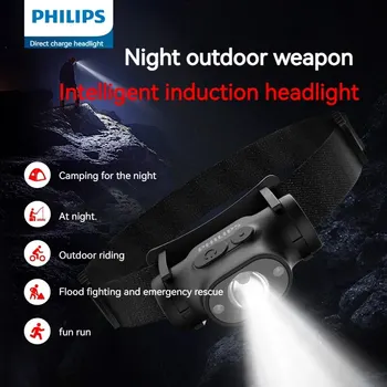 Philips-linterna frontal LED con Sensor, iluminación tipo C, recargable, para acampar al aire libre, pesca