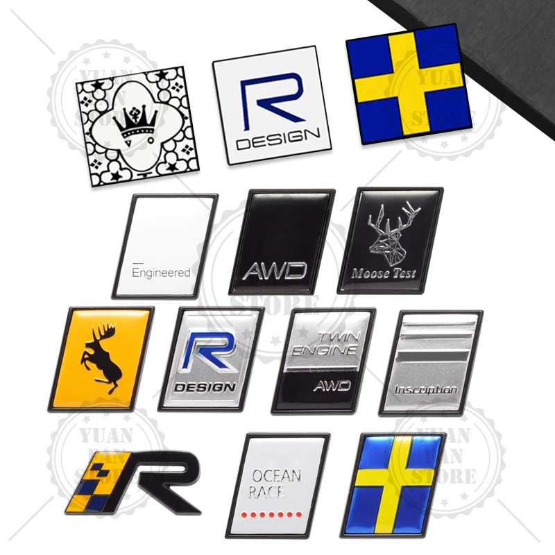 Moose Test R Design Sweden Flag Crown Twin Engine AWD Prancing Deer Emblem Car Styling 3D Sticker Metal Logo Badge For Volvo