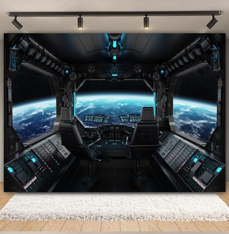 Spaceship Interior Backdrop Universe Space Spacecraft Window Planet Earth Exploration Science Photography Background Photo Props