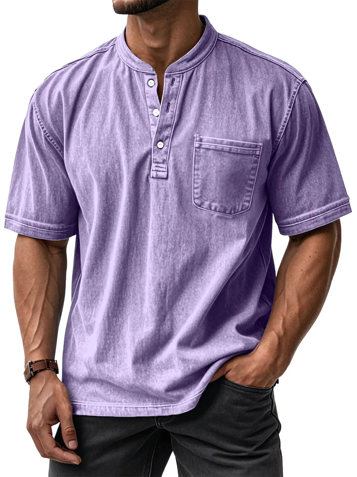 2026-Mens-Short-Sleeve-Button-Down-Round-Neck-Polo-Shirt--Sports-Casual-Business-Golf-Top-Lightweight-Fashion-Tee-solid-color