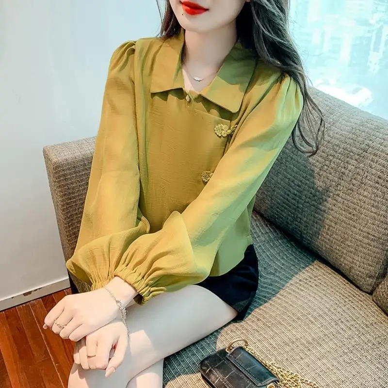 2024Autumn New Polo-Neck Long Sleeve Chiffon Shirt Chinese National Style with Buckle Collar Design Stylish High Waist Top Women