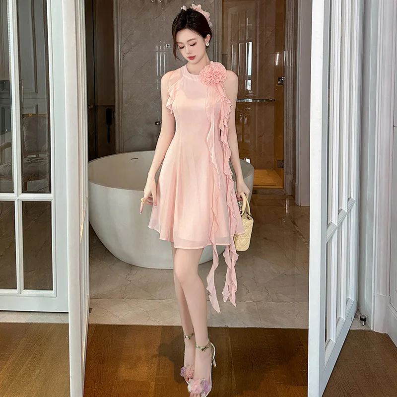 

A-Leibniz - Summer, New Style, Women's Clothing, Sweet, Elegant, Flower Ribbon, Sleeveless, Waist-cinching, Pink, A-line Dress