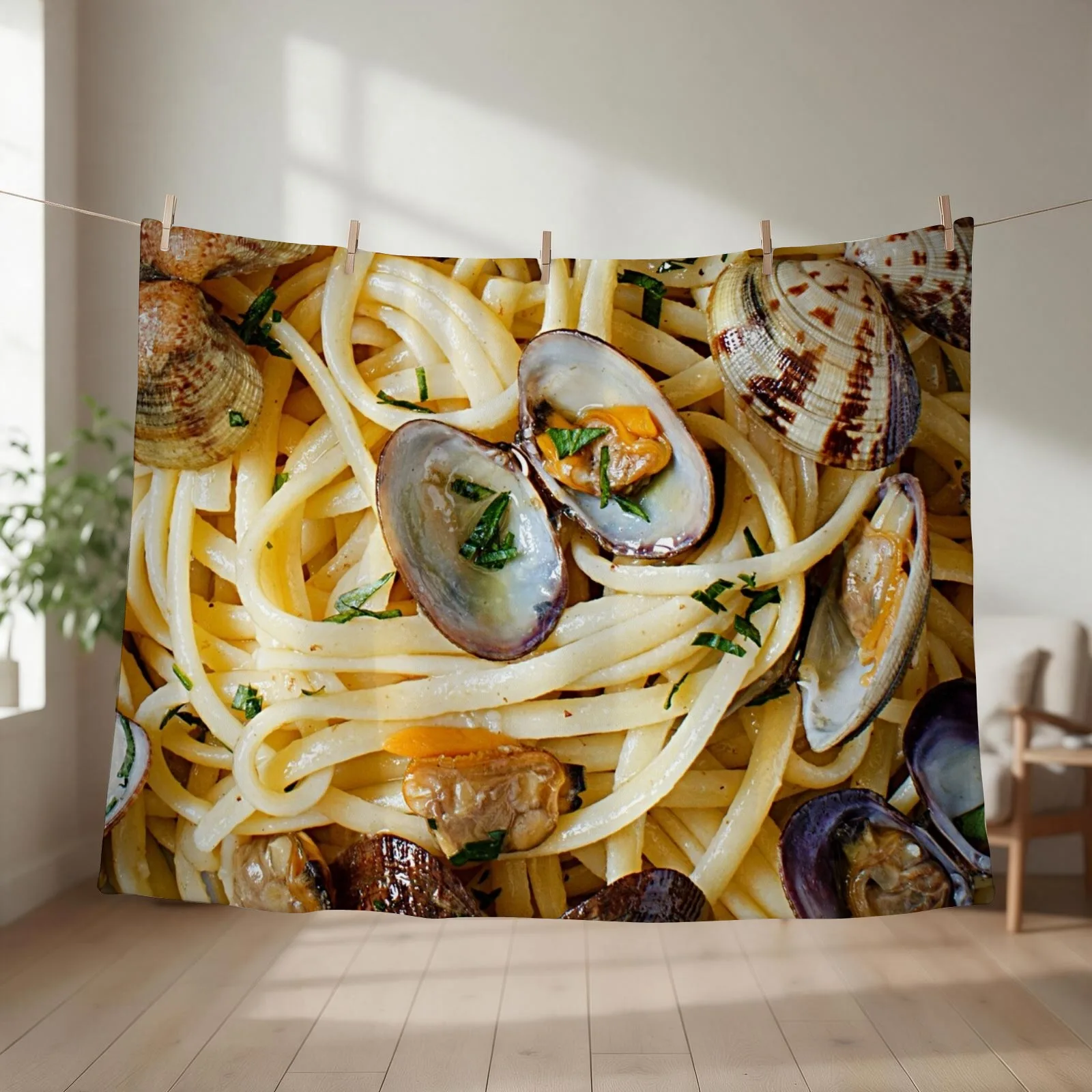 Linguini Pasta with Clams Throw Blanket couch cozy soft plush fuzzy picnic outdoor blanket