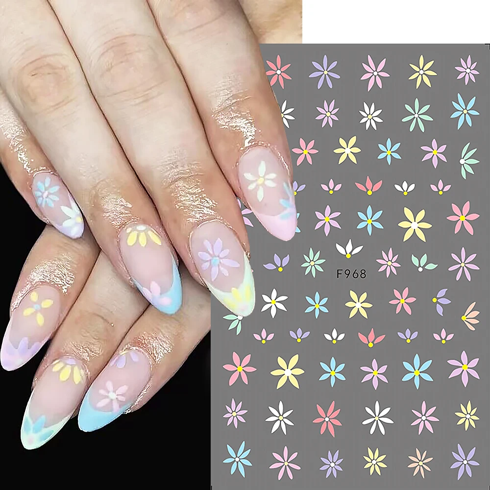 3D Colorful Flowers Nail Stickers Summer Florals Leaf Daisy Lavender  Sliders For Nails Pink Purple Petal Manicure Wraps NLF968