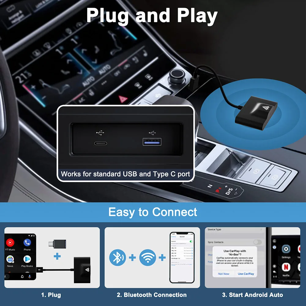 Wireless Auto Adapter Car Android Player Box Wired to Wireless Android Auto Carplay Dongle for OEM Android Auto AI Box