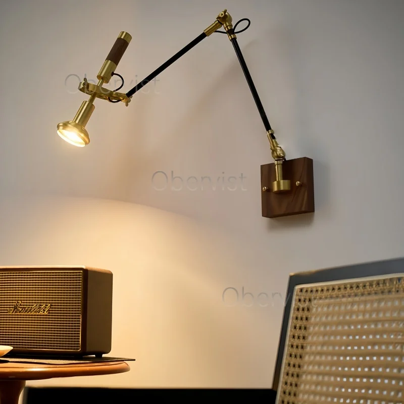 Nordic Vintage Copper Long Swing Arm Wall Lamp 360 Degree Adjustable Walnut Base Bedroom Bedside Sconce Light