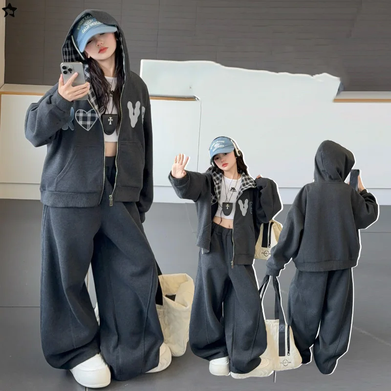 

Kids Girls Autumn Two-piece Sets Letter Printed Hooded Coat+Elastic Waist Wide-leg Pant Children Girls Suit 4-14Y Girls Outfit